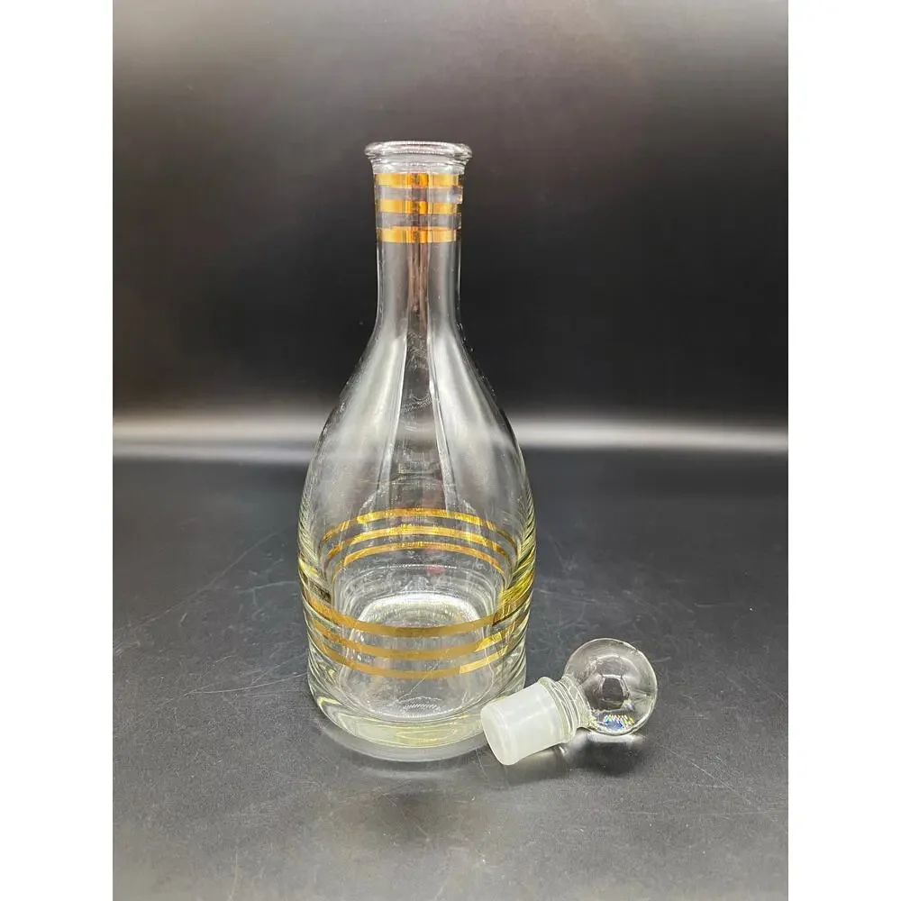 Vintage MCM Barware Decanter with Glass Stopper with Gold Stripes